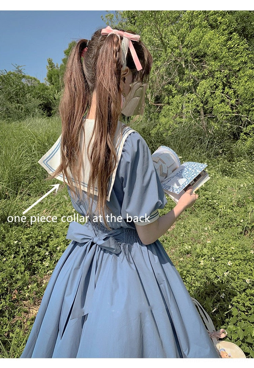 Sailor lolita OP dress wearing comfort feature demonstration showing fabric movement flow ease of wearing breathable cotton blend material benefits