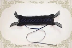 Saint Priest stained glass lolita headband black and blue color variant top-down flat lay display with cross ribbon weaving and ornate satin bows