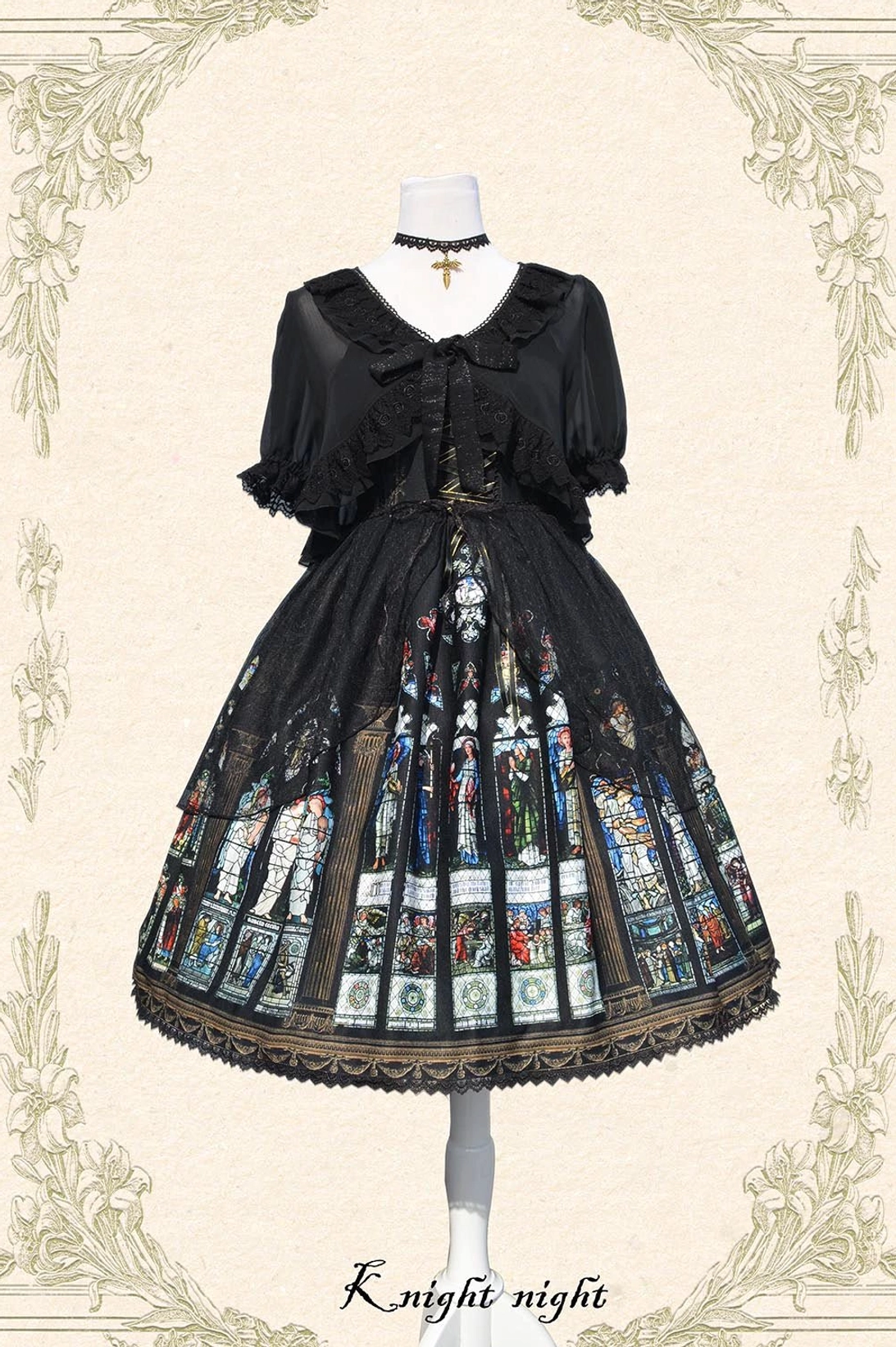 All four color variants of Saint Priest Lolita Jumper Skirt displayed together: white-gold, black-gold, black-blue, black-red stained glass versions comparison