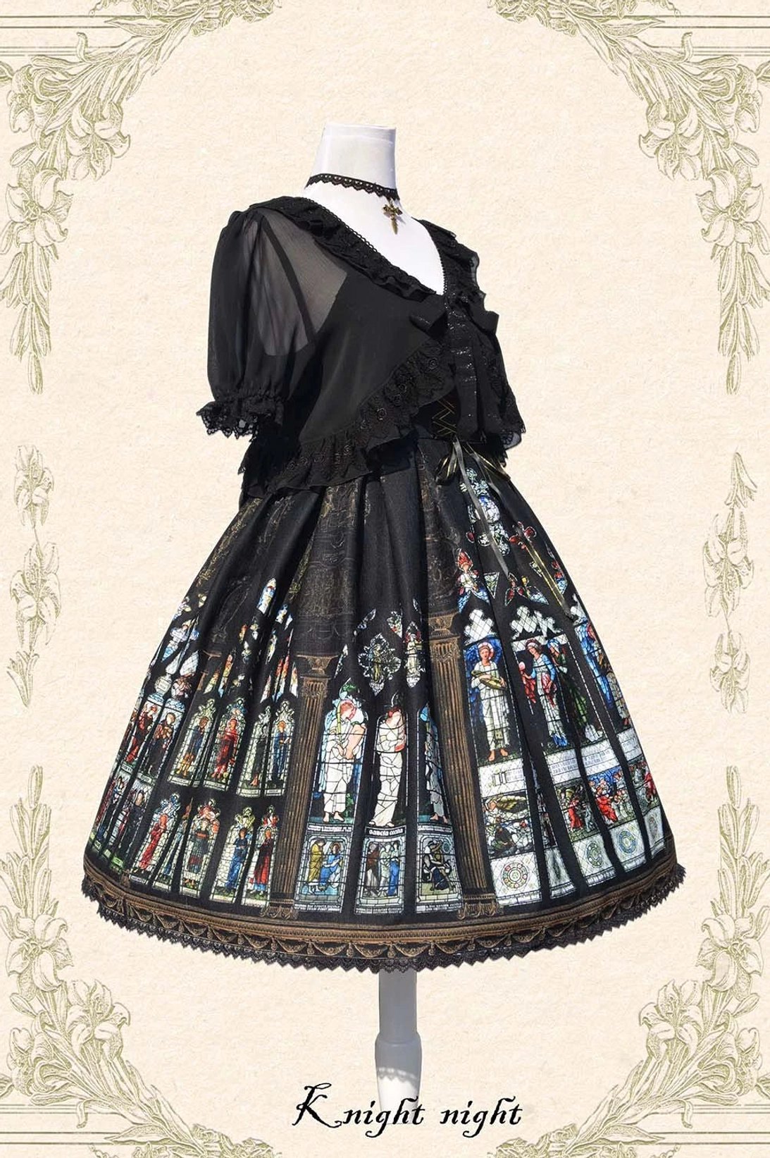 Adjustable back lace-up design of Saint Priest Lolita JSK showing butterfly bow waistband tie, structural cross-strap system, and fitting customization options