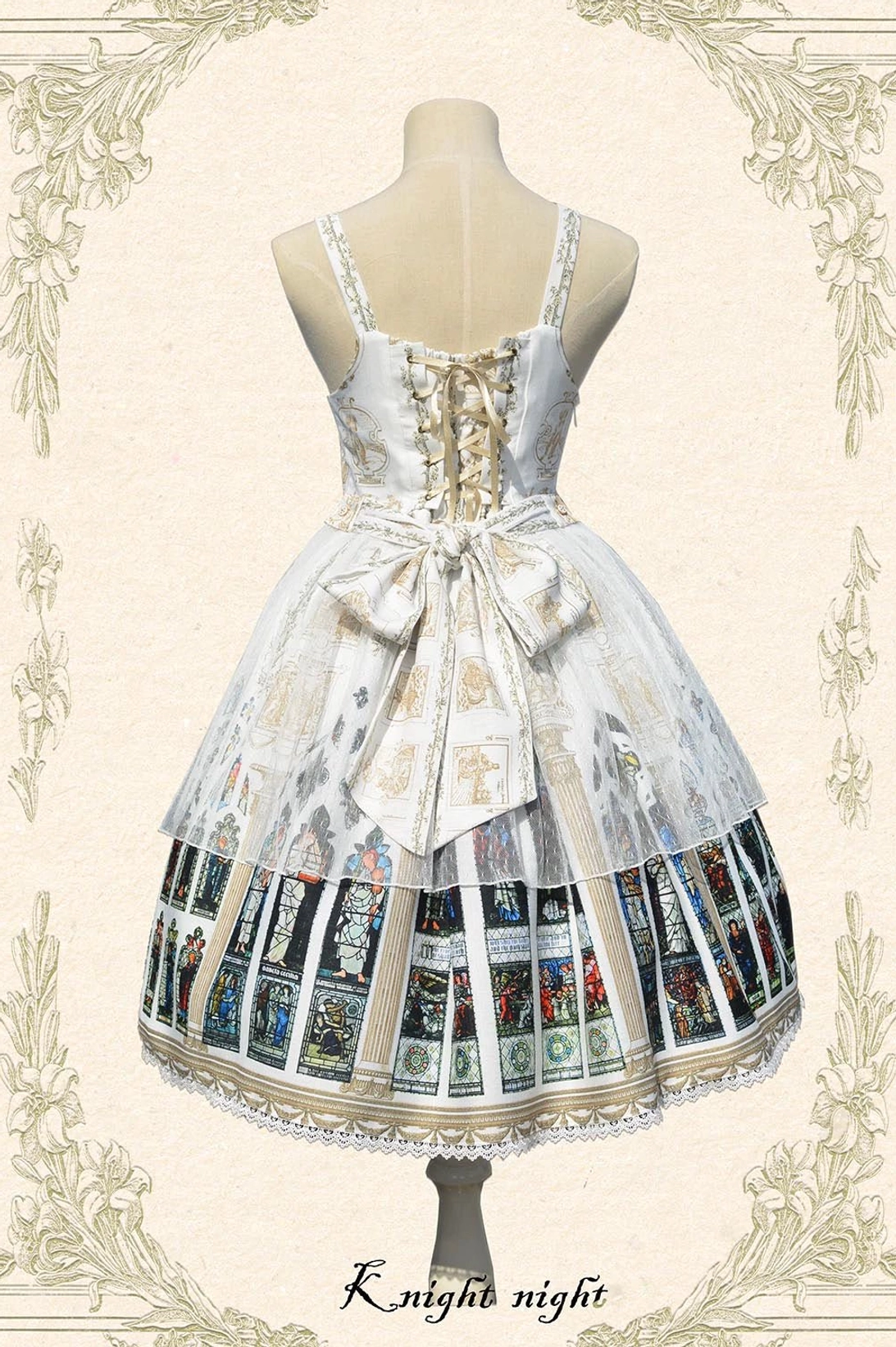 Saint Priest Lolita JSK stained glass print detail close-up, ecclesiastical window pattern, religious gothic aesthetic, church-inspired artwork on fabric