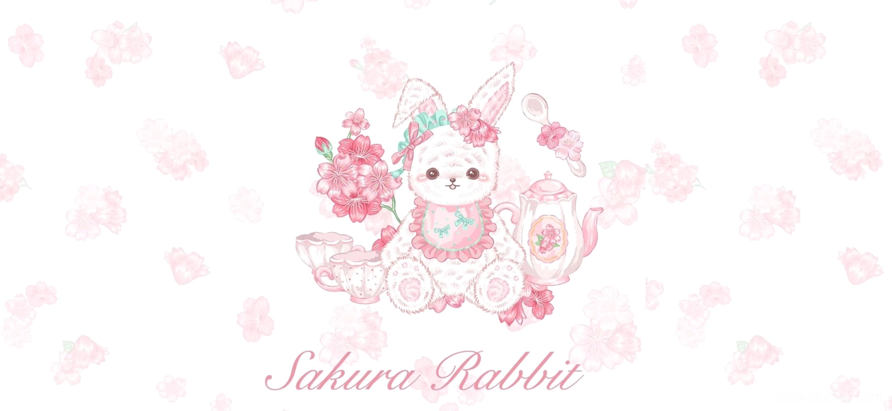 Sakura Bunny brand official theme artwork featuring cute cartoon bunny holding traditional tea set on pink cherry blossom scattered background with Sakura Rabbit logo text lolita aesthetic