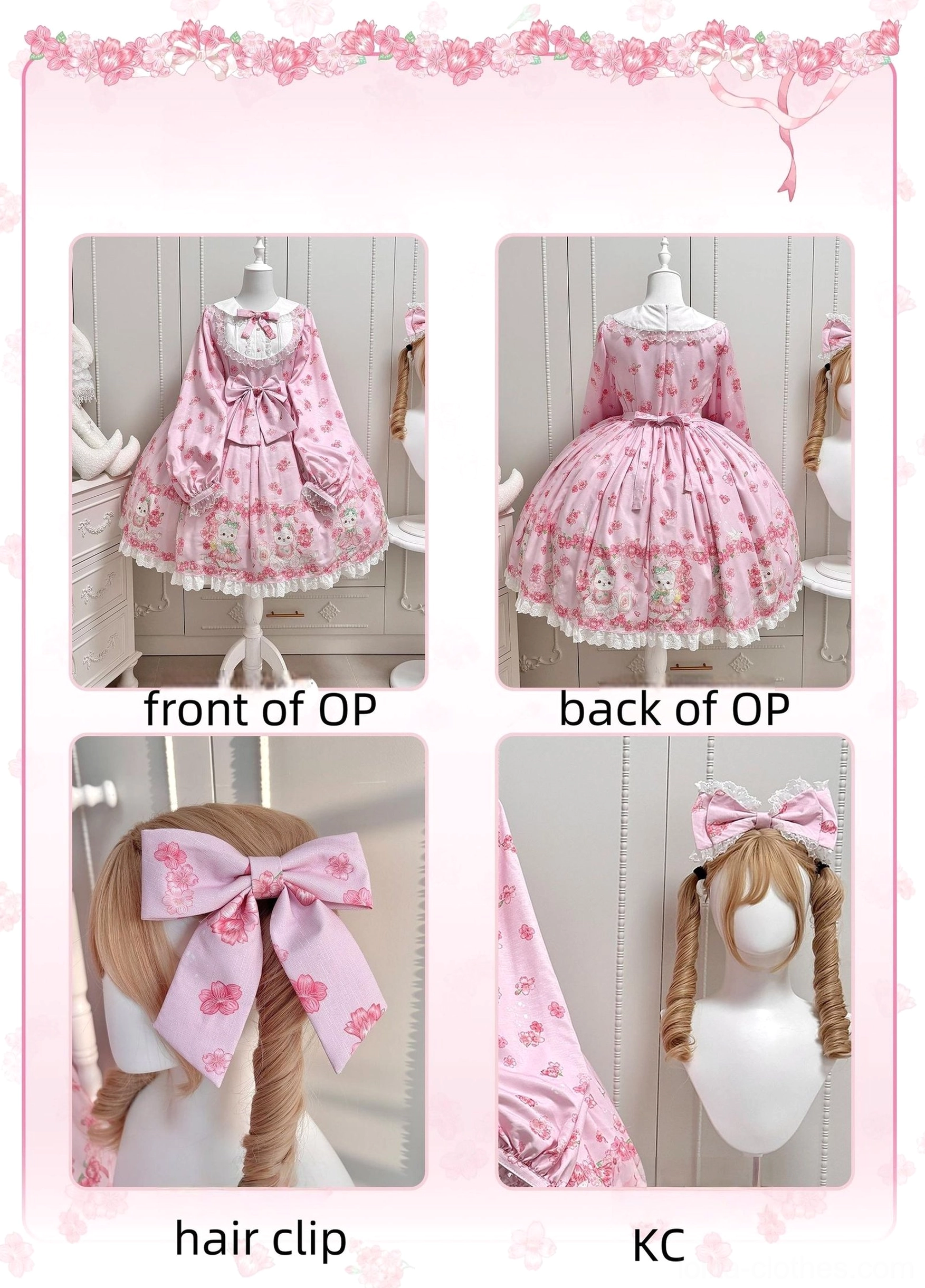 Complete Sakura Bunny Lolita collection four-grid display layout showing front OP view back OP view matching hair clip and KC headband all featuring unified cherry blossom rabbit print design