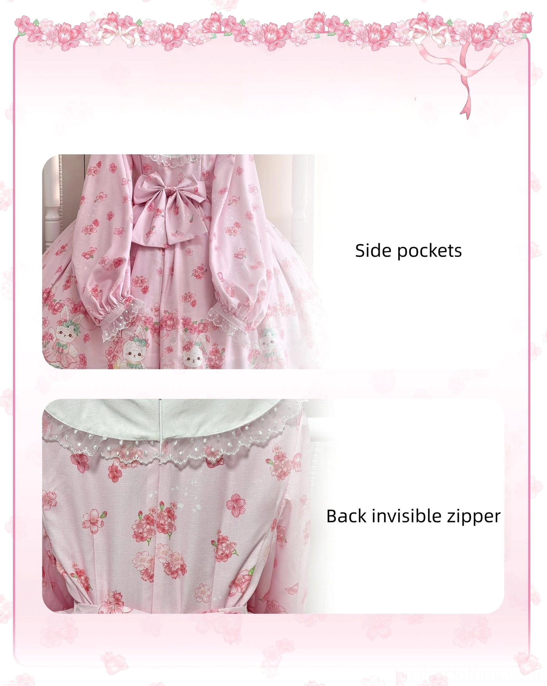 Functional detail showcase split panel display of Sakura Bunny Lolita OP dress showing side pocket placement and back invisible zipper closure with matching cherry blossom rabbit print fabric
