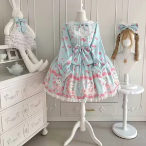 Mint blue Sakura Bunny Lolita one-piece dress front three-quarter view showcasing cherry blossom rabbit print long puffed sleeves ruffled lace hem and large waist bow with plush bunny decoration