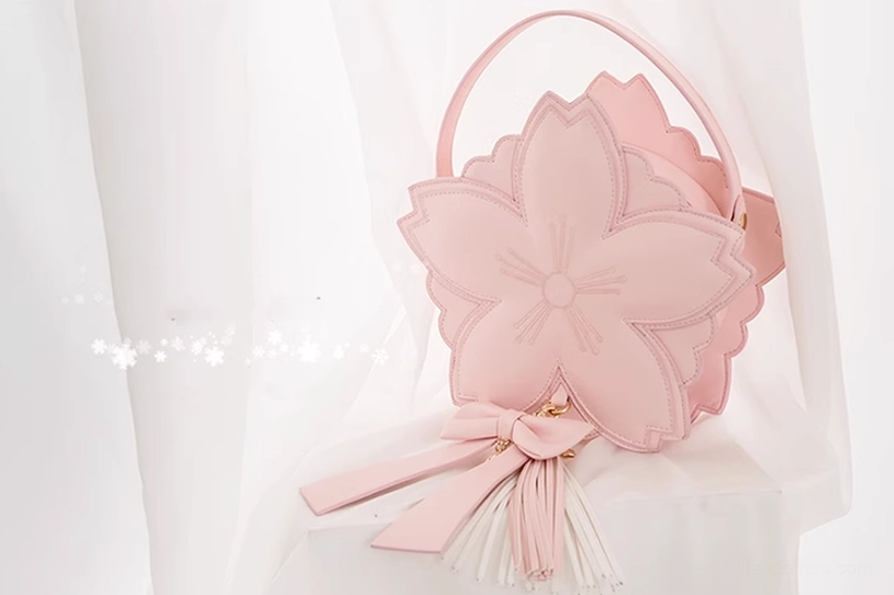 Sakura petal lolita handbag material texture high-quality PU leather durability easy-care craftsmanship close-up