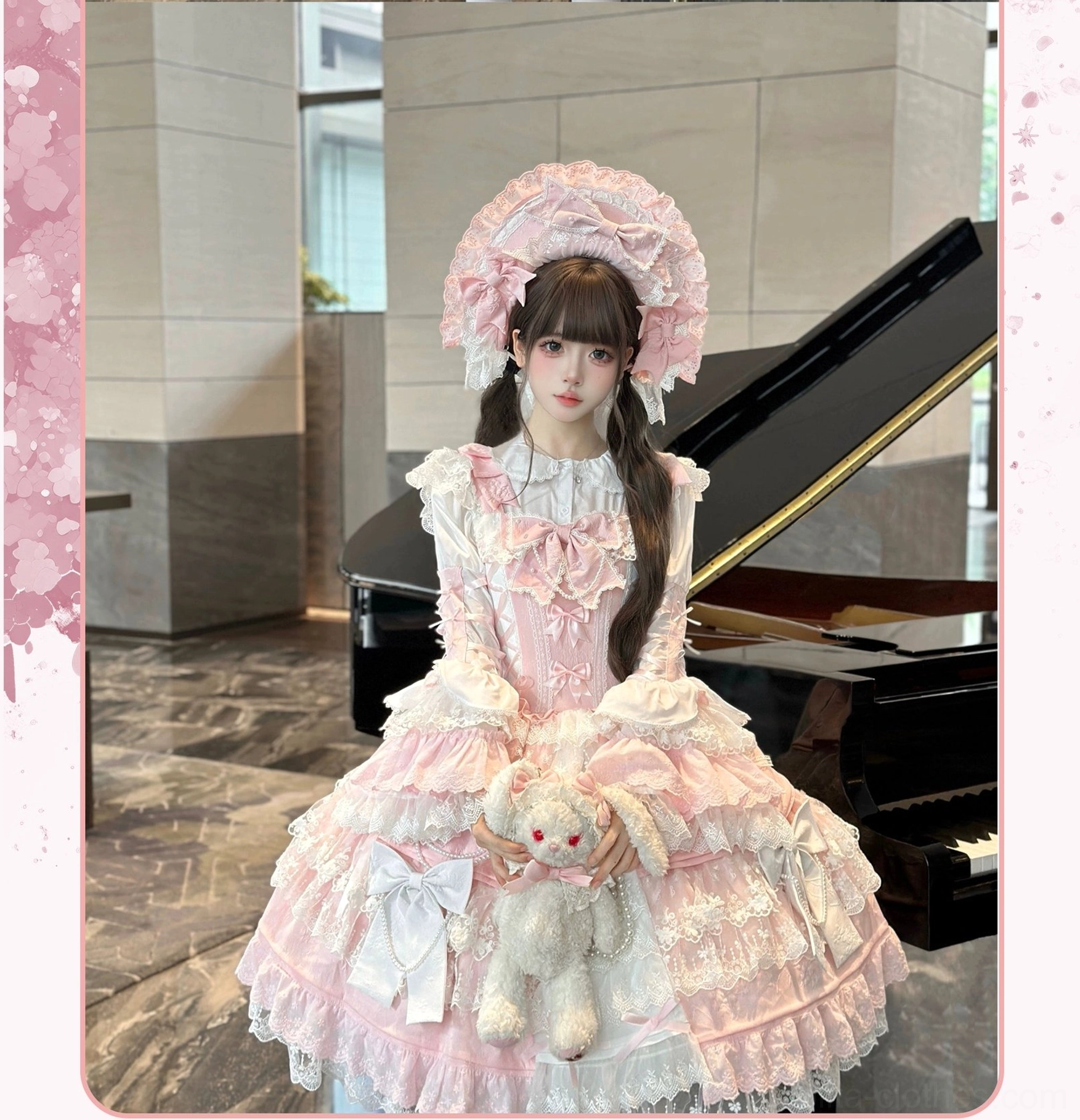 Sakura Love lolita dress suit care and maintenance instructions showing hand washing in cool water, shade air drying, storage on hanger, and special care for embroidered lace