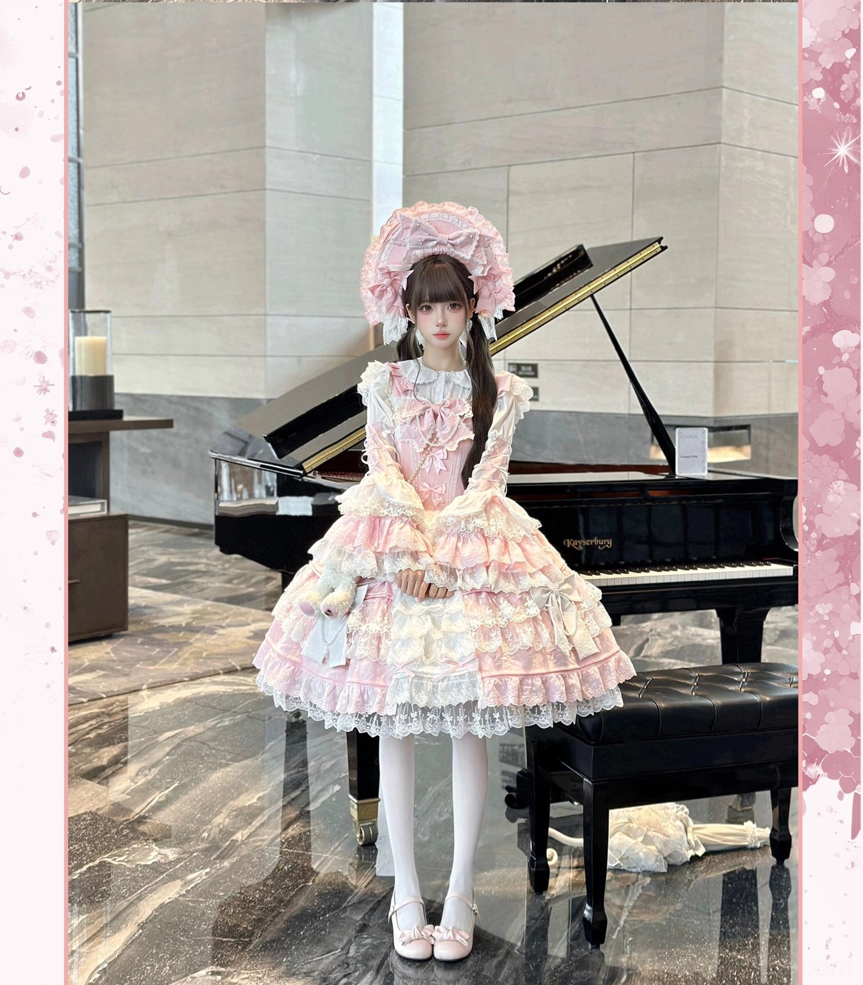 Sakura Love lolita dress suit sleeve and cuff detail featuring ruffled hime sleeves, delicate lace trim, peter pan collar blouse coordination with structured puff sleeve design