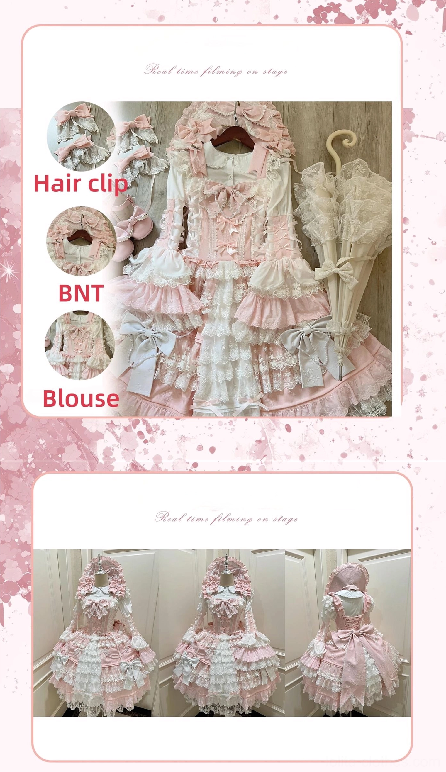 Sakura Love tiered lolita dress suit complete coordinate styling guide showing Peter Pan collar hime sleeve blouse layering, accessory coordination, parasol, bonnet, and shoes styling