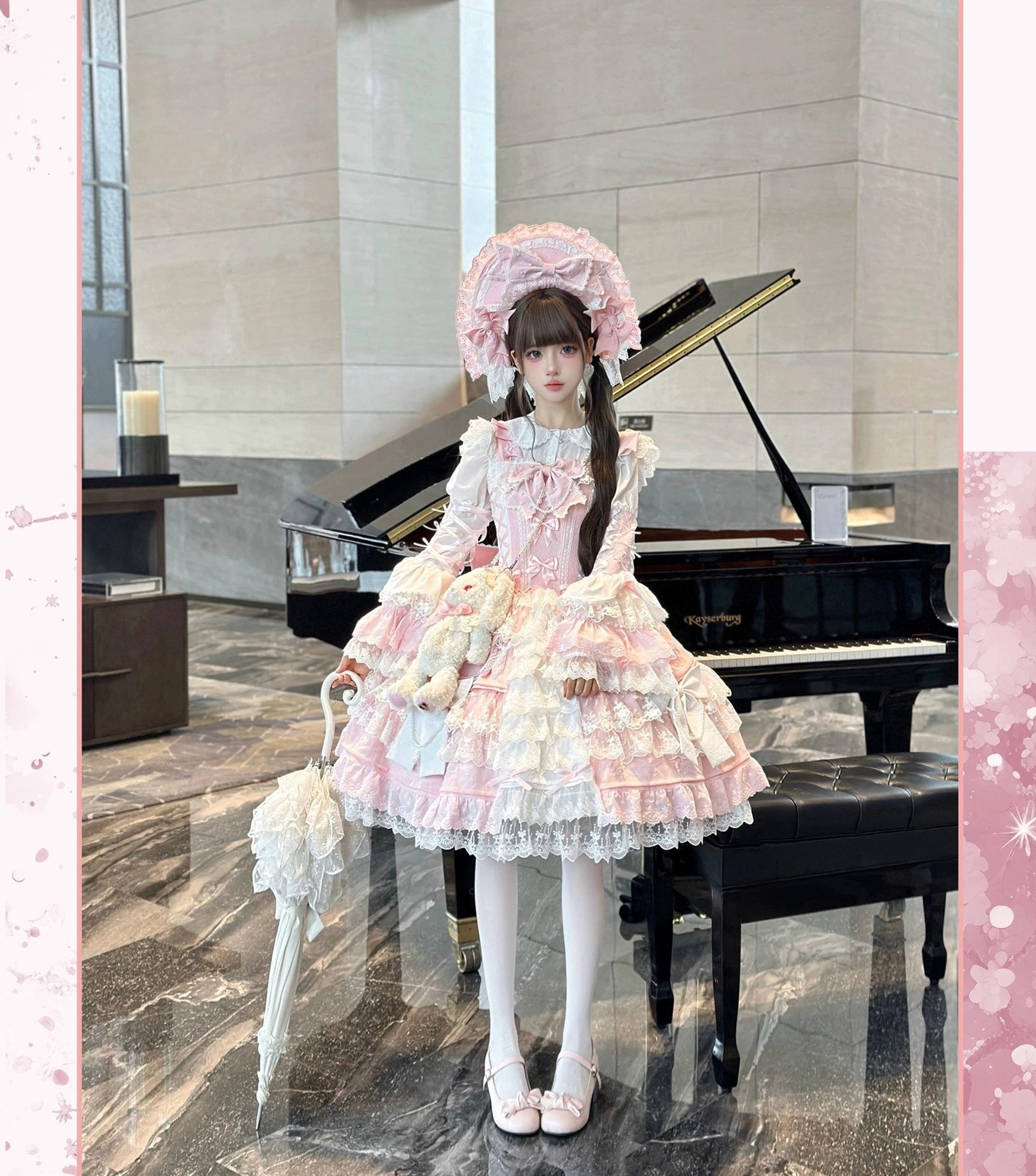 Sakura Love lolita dress suit size chart and fit guide showing JSK elastic measurements and Peter Pan collar blouse dimensions in both centimeters and inches for all sizes