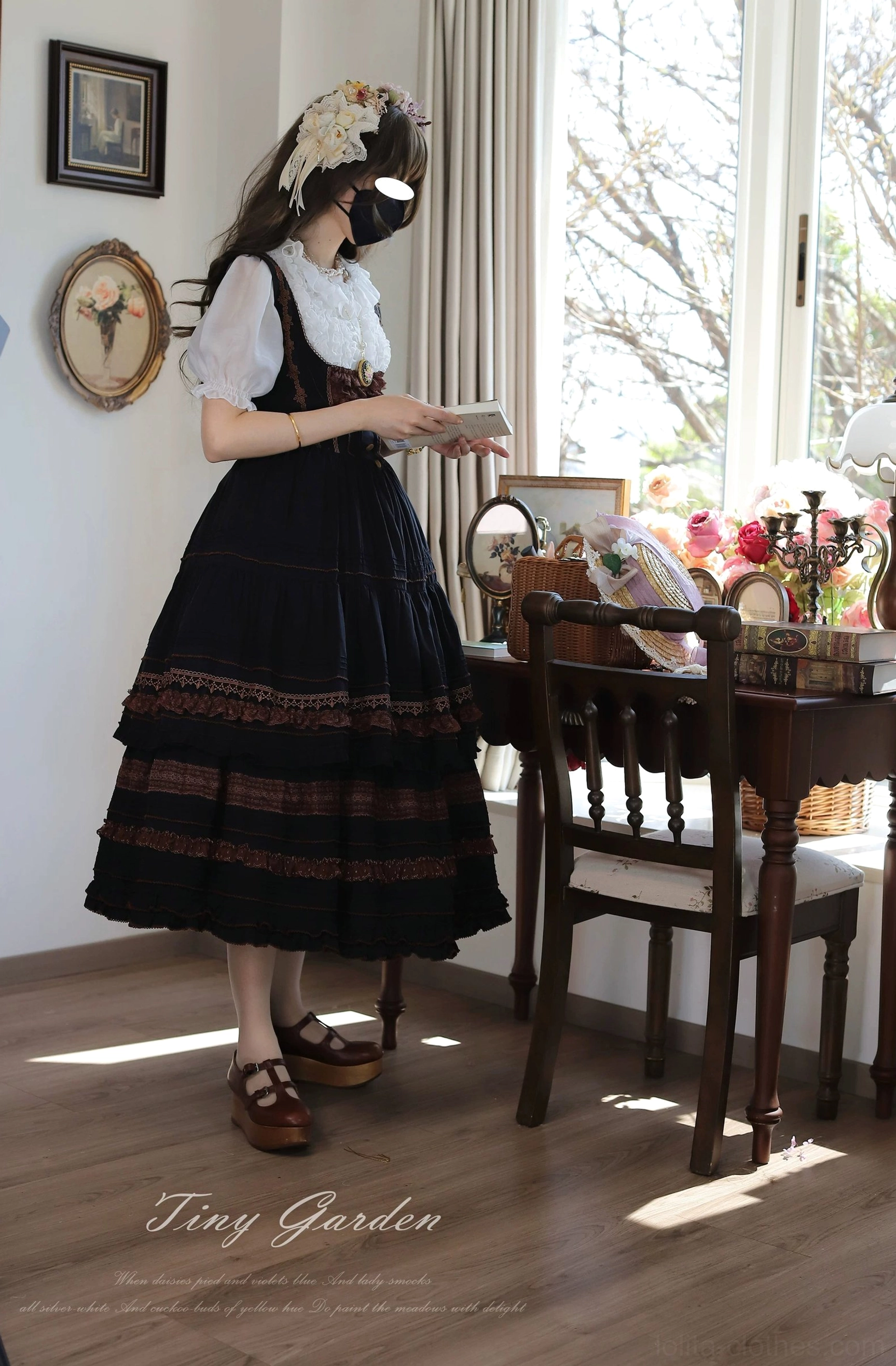 Sakura pink classic lolita JSK dress with pink lace trim - front full-body shot showing fresh color palette and romantic floral-inspired aesthetic