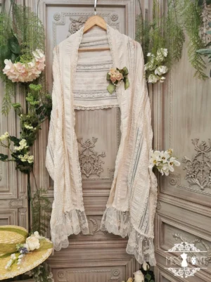 Sally's Garden ivory lace cotton lolita shawl flat lay front view with intricate lace fringing and embroidered details