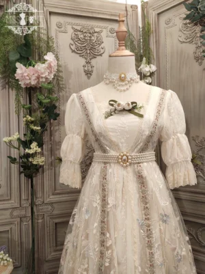 Sally's Garden handmade lolita ribbon belt with pearl beading displayed on vintage empire waist dress with beige lace and floral embroidery