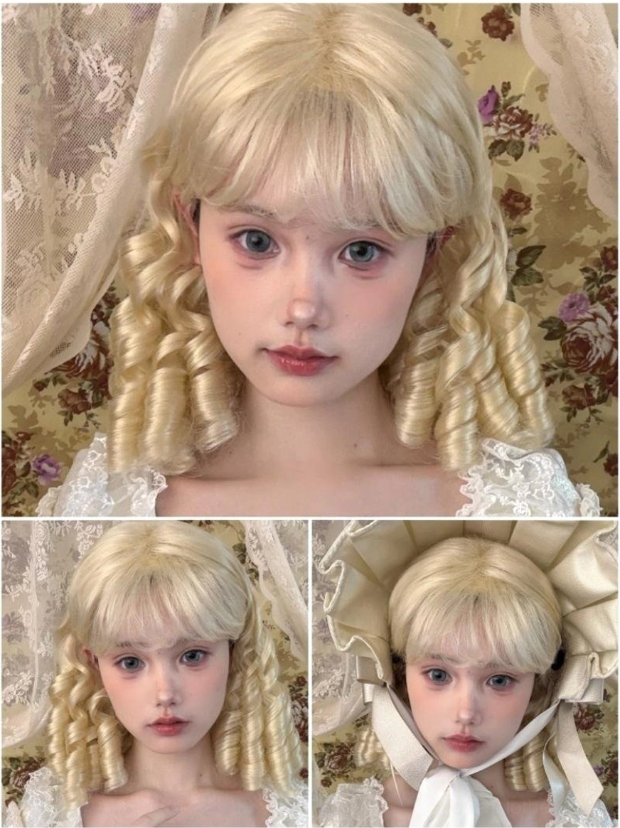 Sandy blonde lolita wig 33cm ringlet curls air bangs small size doll wig styling options