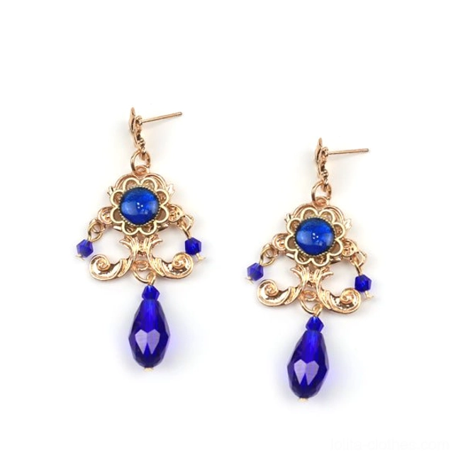 Sapphire blue crystal vintage Baroque Lolita drop earrings with gold filigree frame, blue beads and blue teardrop pendants