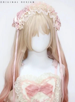 Sweet lolita satin ballet headdress front full view showing symmetrical pink satin bow with cream lace trim fabric roses and pink ribbon tassels on heart-shaped dress coordinate
