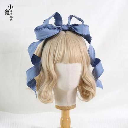Dusty blue multi-loop satin bowknot Lolita hair clip with curled ribbon ends sea blue tone KC headpiece