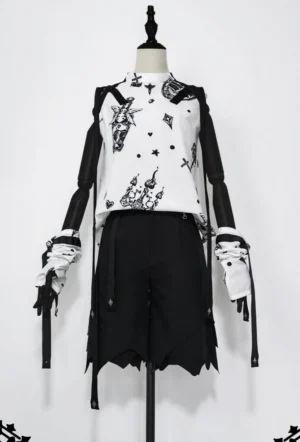 Full frontal view of black and white printed Ouji lolita sleeveless summer shirt on dress form mannequin, featuring attached black sleeve accents, detachable ribbon accessories, and structured silhouette