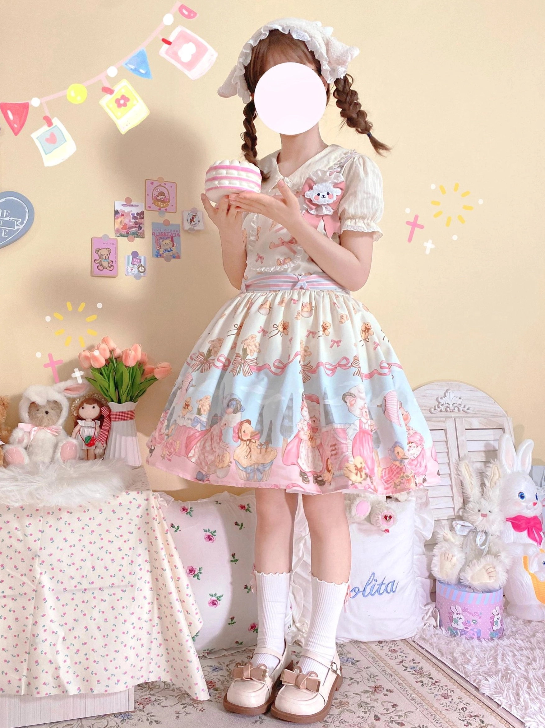 Pastel Lolita JSK set inner shirt bonnet front full-body eye-level shot model twin braids holding dessert prop cute pastel-themed bedroom plush toys decorations