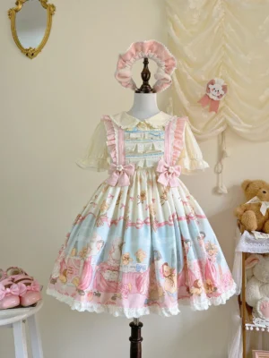 Sheep Pattern Waltz Lolita JSK dress matching inner blouse mannequin retro vintage home background teddy bears mirror ruffled shoulder straps pink bows