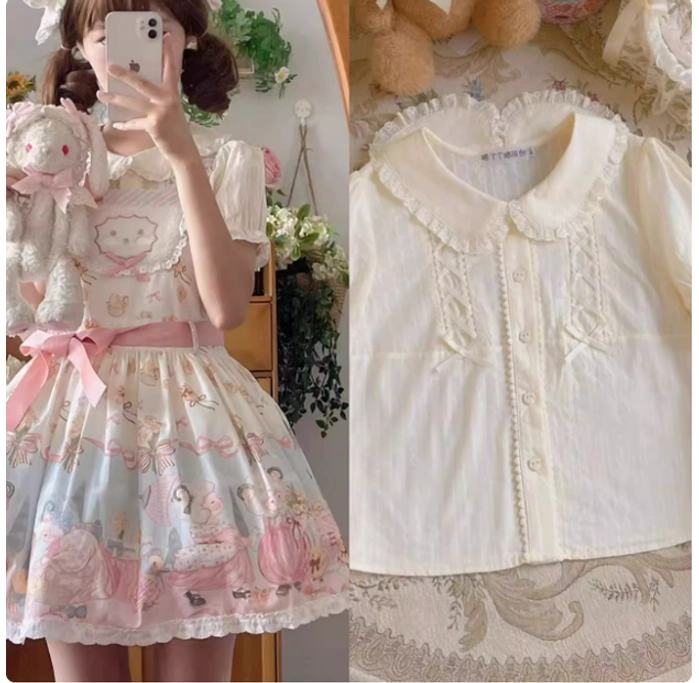 Sheep Pattern Waltz Lolita Salopette apricot shirt version adjustable straps bib design layering blouse