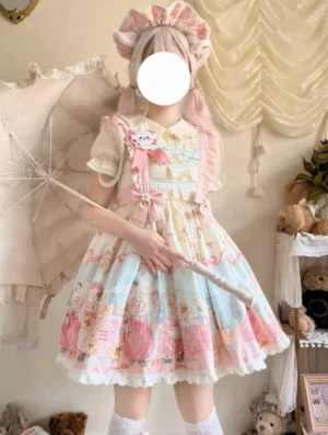 Sheep Pattern Waltz Princess Lolita JSK front full-body eye-level shot model wearing pink cat ear hairband holding vintage lace umbrella pastel color scheme