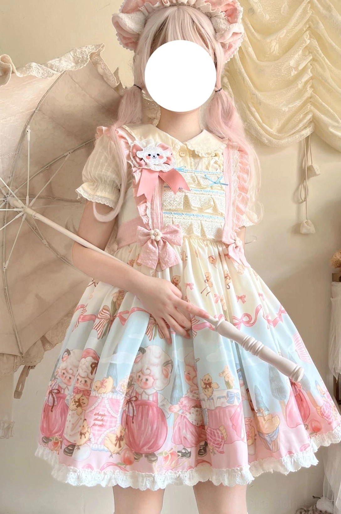 Sheep Pattern Waltz Princess Lolita JSK three-quarter front full-body shot model pink twin tails cat ear hairband vintage umbrella doll collar inner shirt lace-trimmed skirt