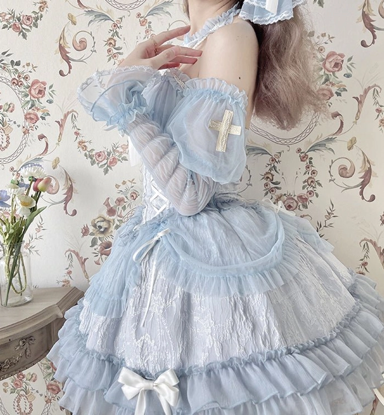 Sheer Gothic Lolita puff arm sleeves with tiered ruffled construction and satin bow details, six colorway options for complete Lolita styling flexibility