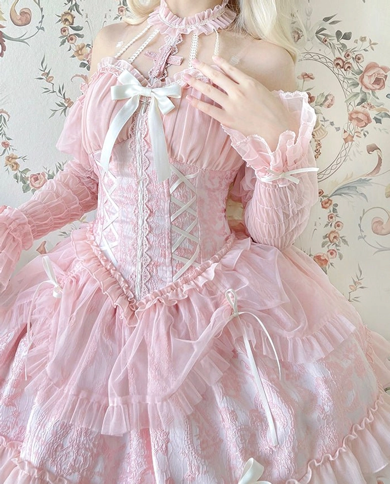 Sheer net yarn Gothic Lolita arm sleeves with embroidered cross accent and ribbon cuff detailing for versatile Lolita fashion styling options