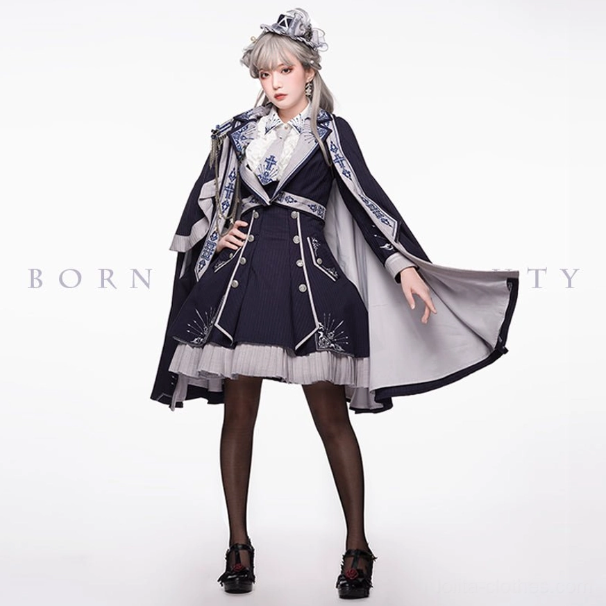 Sheffield British military Lolita JSK full coordinate set front view - model wearing navy and grey ensemble with pleated skirt and embroidered details