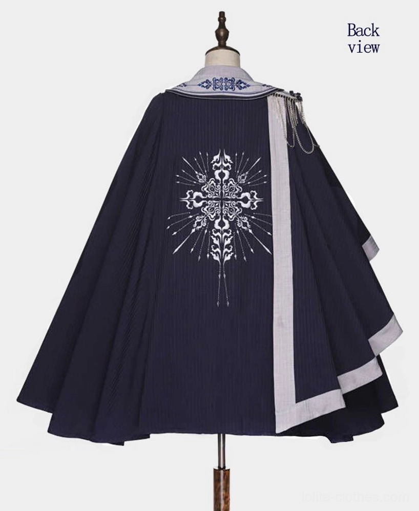 Sheffield British military Lolita outfit back view cape styling pleated skirt silhouette