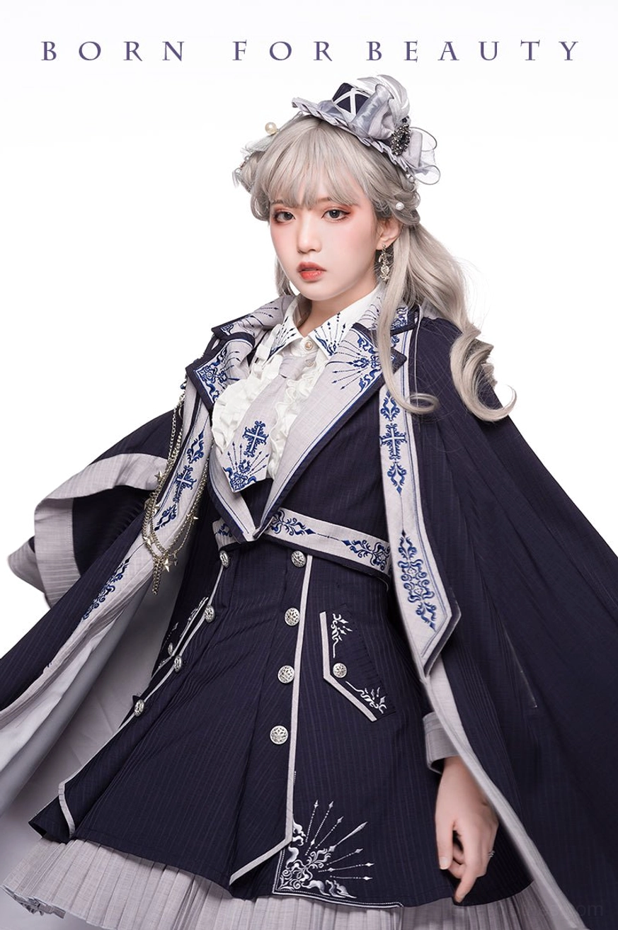 Sheffield Lolita military ensemble side view single-shoulder cape wear metal chain decoration formal button details