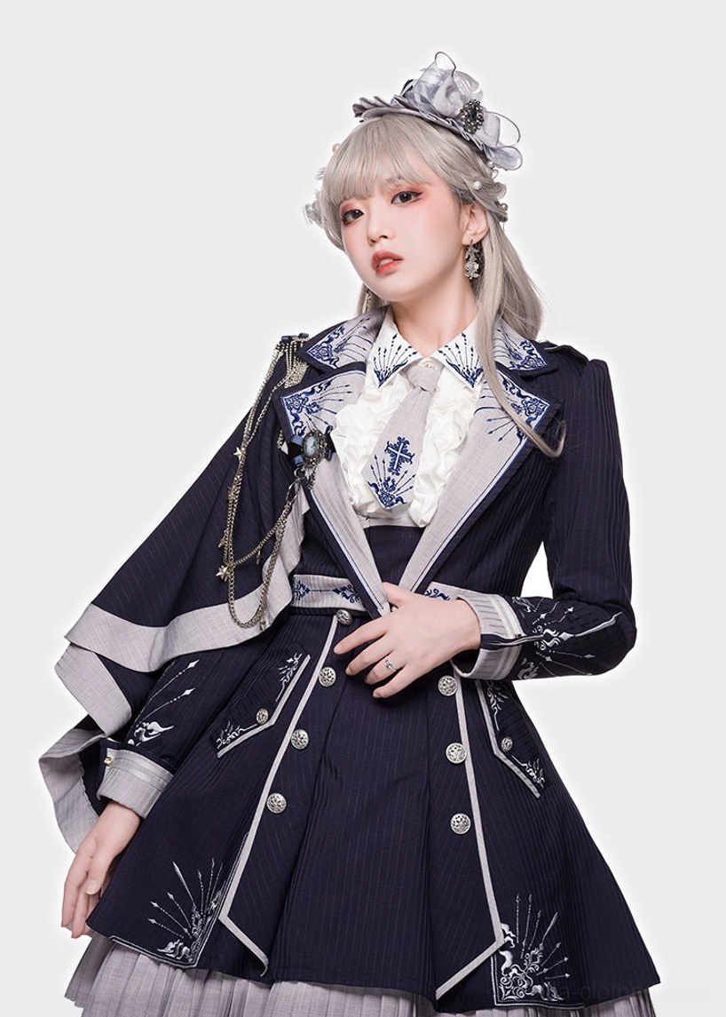 Sheffield Lolita military ensemble half-body front view tailored military coat style dress detailed skirt hem embroidery