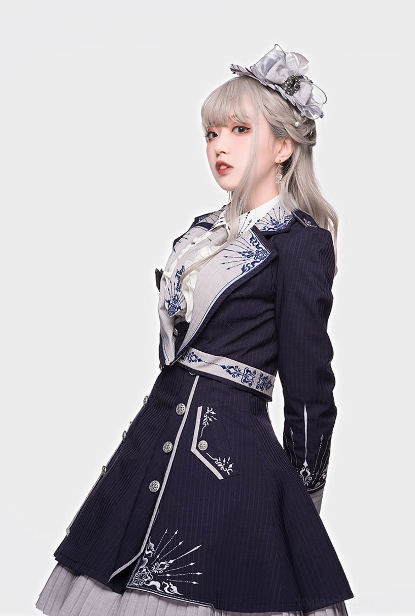 Sheffield Lolita military JSK pleated ruffled hem detail navy grey embroidery design close-up