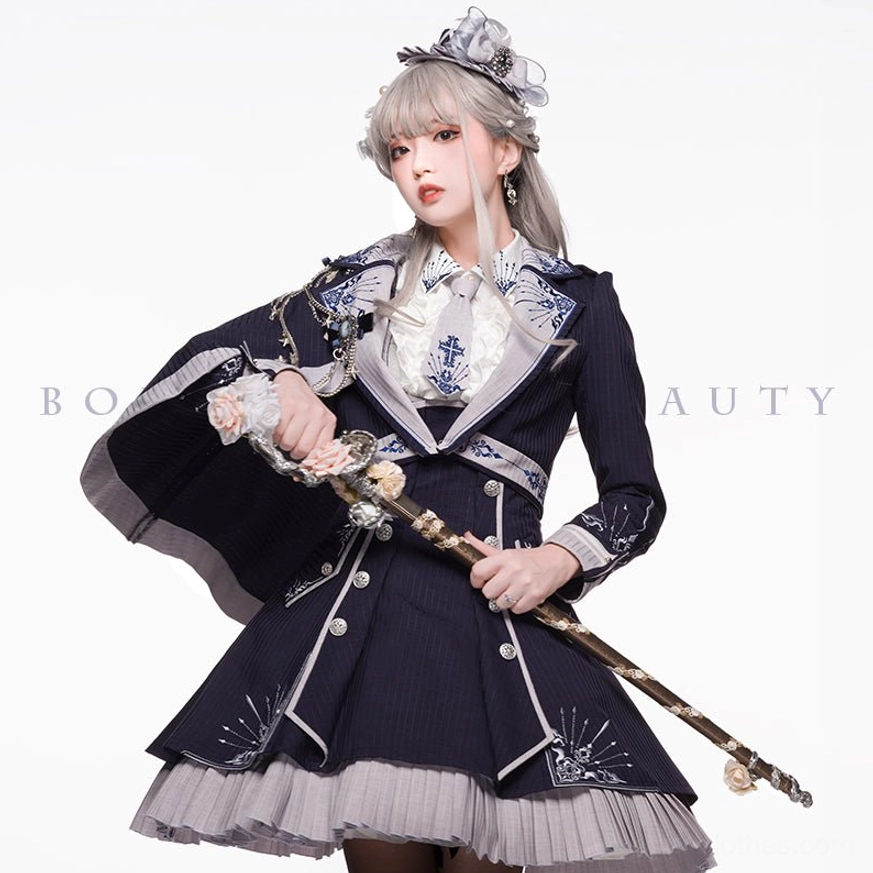 Sheffield Lolita military outfit asymmetrical cape styling with intricate skirt hem embroidery and military silhouette
