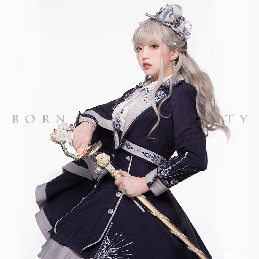 Sheffield British military Lolita dress coordinate side view showing fitted waist long embroidered sleeves and formal silhouette