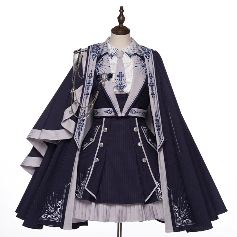 Sheffield British military Lolita JSK displayed on dress form showing removable cape cross-pattern necktie striped dress fabric