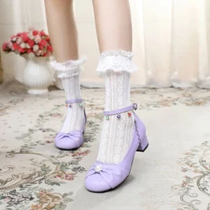 Lavender light purple Lolita Mary Jane flat shoes with gem charm ankle strap and pearl embellished pleated vamp, styled with lace socks