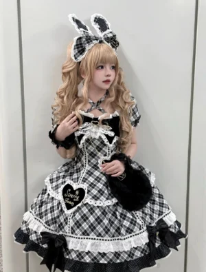 Black-white gingham old school lolita one-piece dress halter neckline heart embroidery tags lace trim front view model