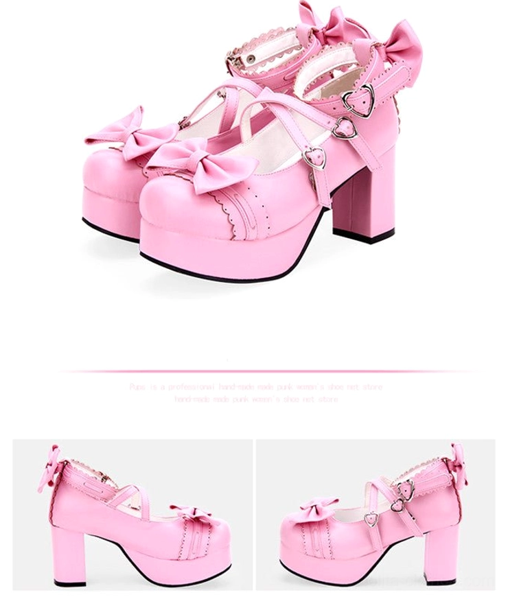 Shining pink sweet lolita platform high heels bow decorations cross ankle straps heart metal buckles detail