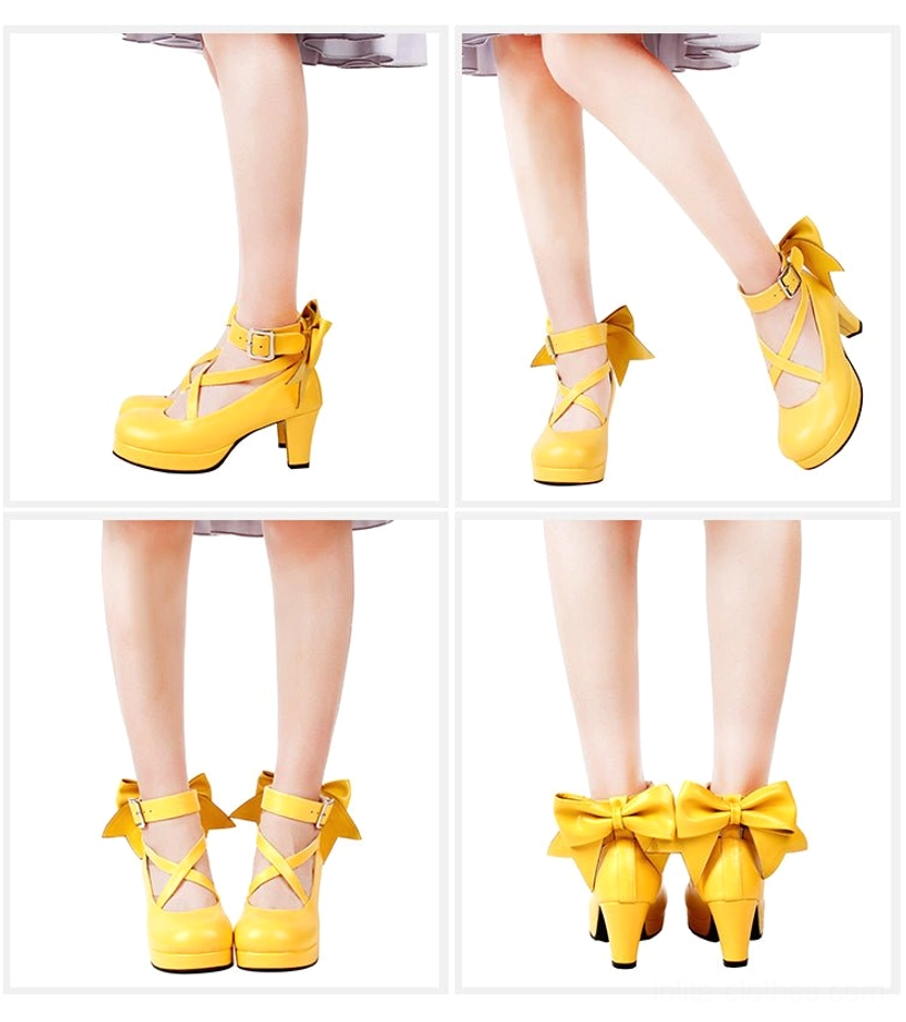 Shining red patent leather Lolita platform heels with glossy reflective finish, crossover ankle buckle straps, oversized decorative back bow, round platform toe, and block heel - statement style