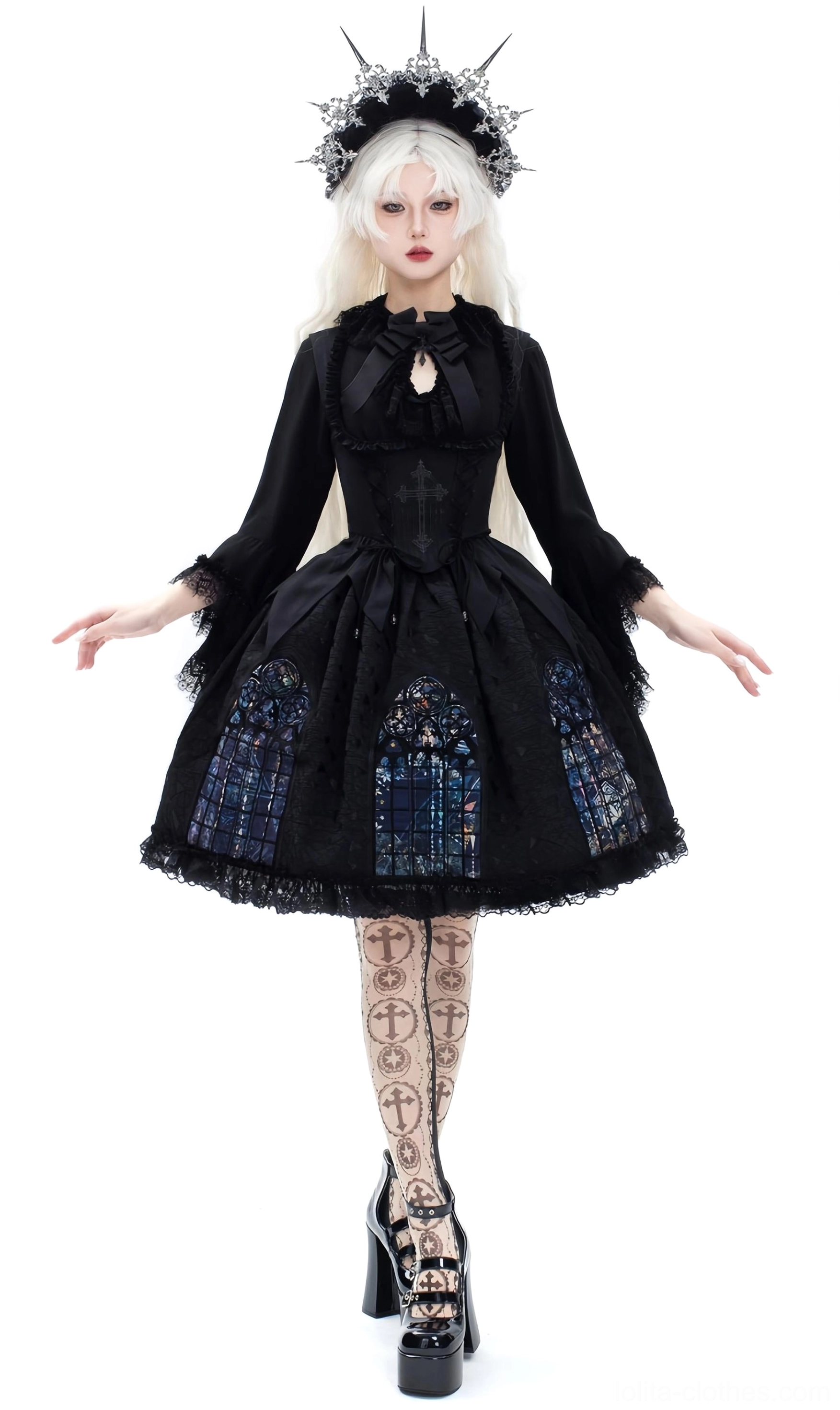 Short black gothic lolita dress set bow neck detail corset waist fishnet stockings crown hair accessory single model full body white background