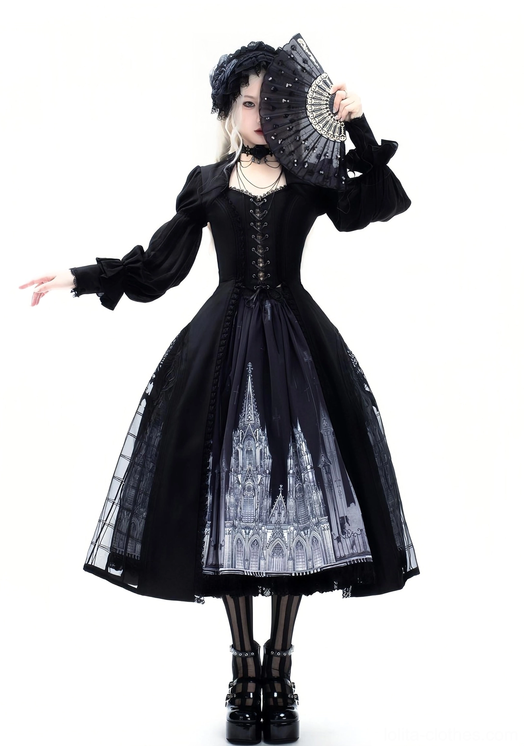 Short black gothic lolita dress set bishop sleeves corset waist cathedral print skirt lace hair accessory single model full body white background