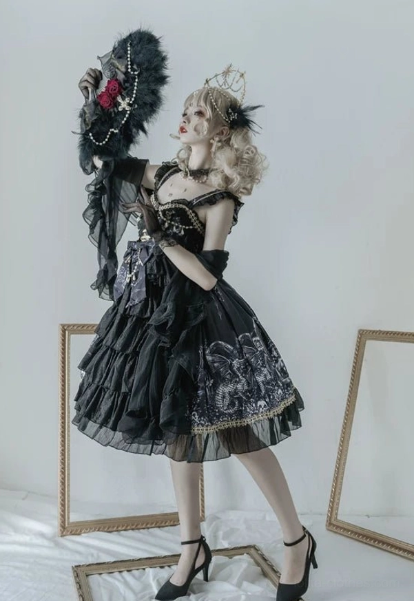 Short-length Black Dragon Witch Gothic Lolita JSK Dress side view with vintage dark printed patterns, crisscross lace-up bodice, and short ruffled skirt