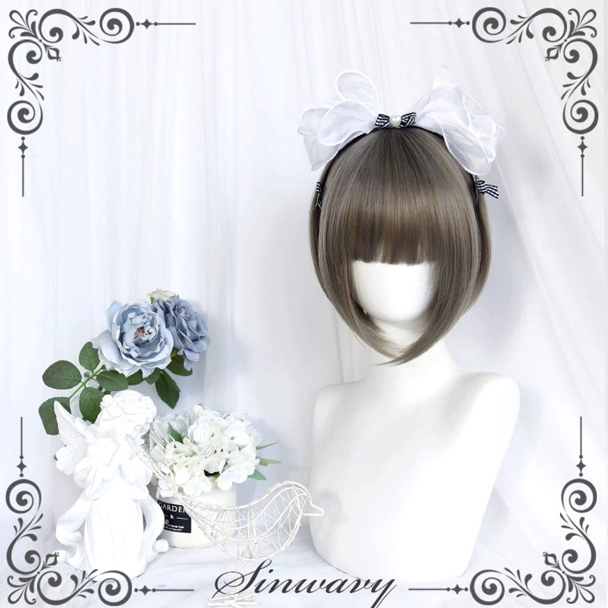 Short bob Gothic Lolita wig ash grey neat bangs white bow headband front display mannequin elegant