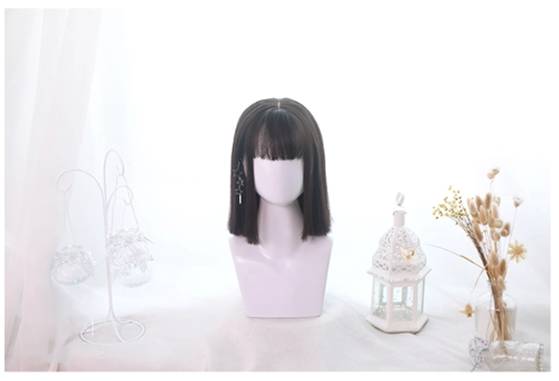Chocolate brown short straight bob lolita wig distant front view showing overall silhouette