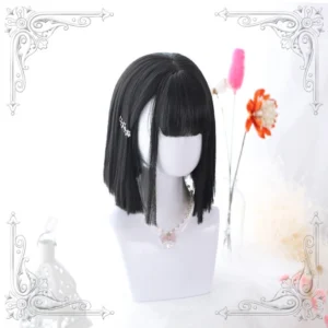 Natural black short straight bob lolita wig with full bangs front three-quarter view on mannequin head