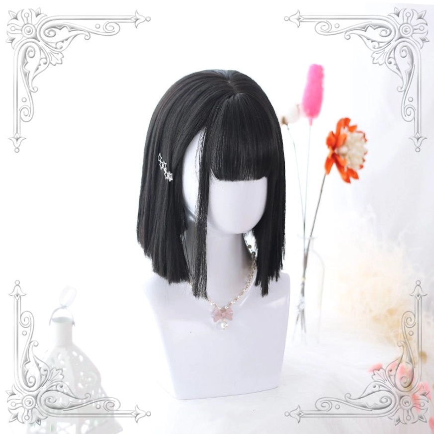 Natural black short straight bob lolita wig with full bangs front three-quarter view on mannequin head