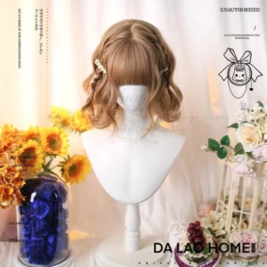 Light brown chestnut sweet short curly lolita wig with air bangs displayed on mannequin head with vintage floral sunflower background decor