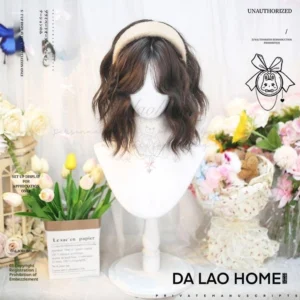 Dark brown moon peace cold brown short wavy lolita wig with bangs on display mannequin with romantic flower arrangement background and beige hair hoop accessory